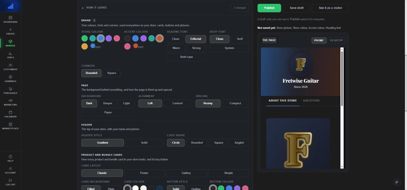 Choose its colours and fonts. The preview follows every click.