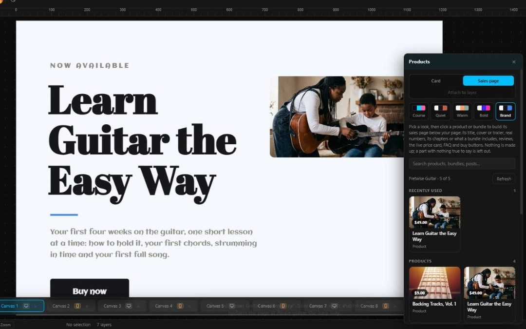 Merlin has built a sales page from Learn Guitar the Easy Way: its title, photo and words