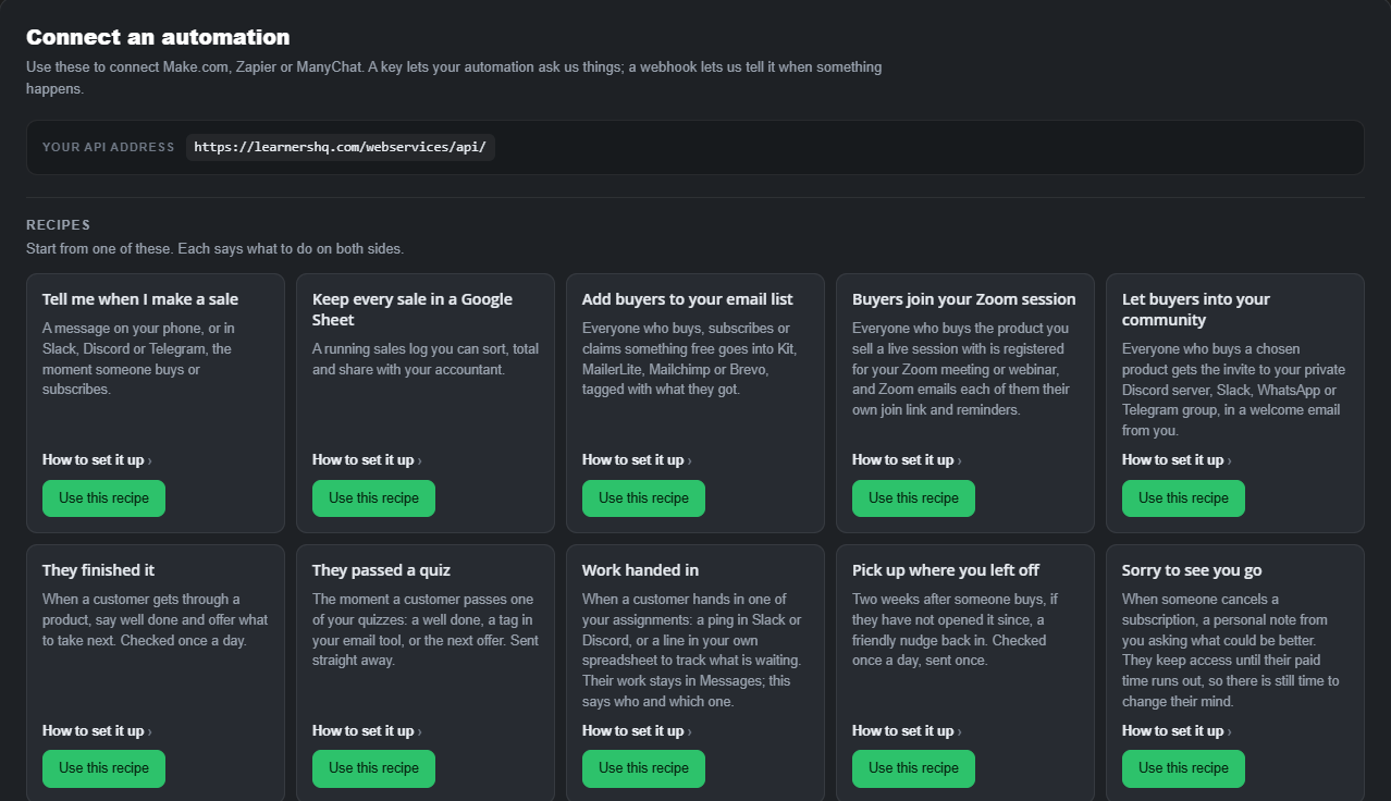 Automations in Marketing: ten recipes, among them Tell me when I make a sale, Add buyers to your email list and Buyers join your Zoom session