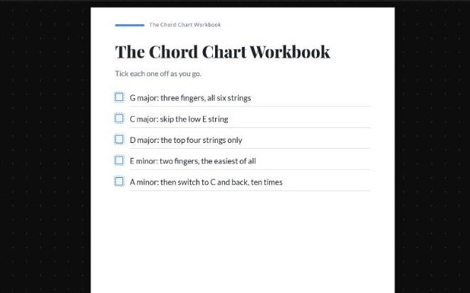 A chord chart checklist page, made in Merlin as a PDF for a product