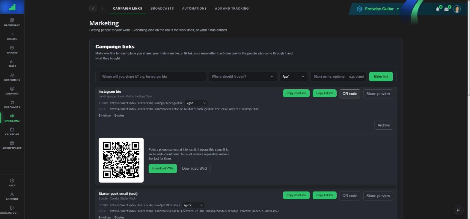 Make a link for every place you share, with a QR code for print. Each one counts its visitors and sales.