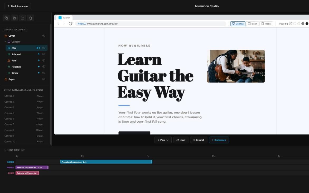 The Animation Studio: the Buy button rises in, lifts on hover and presses on click